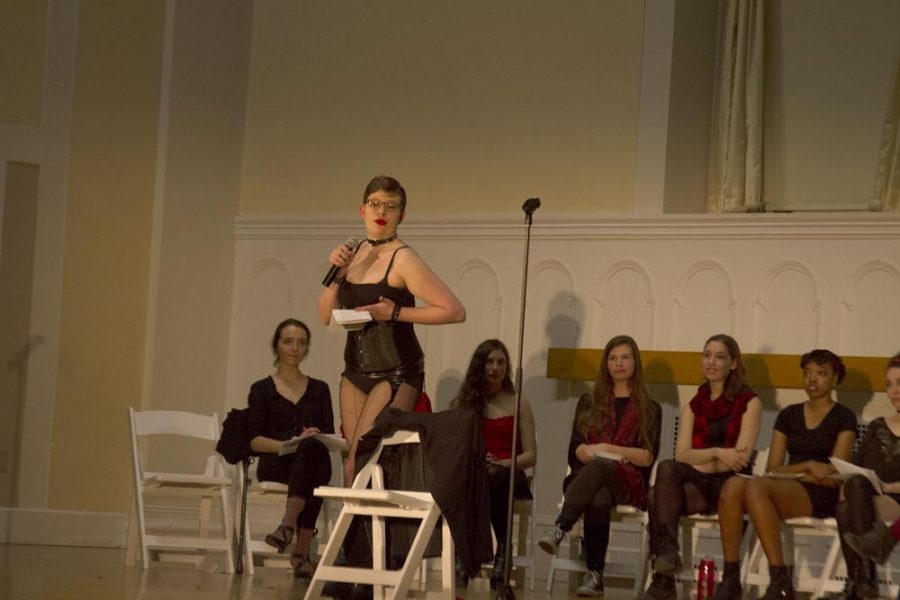 Rosa Cirelli acts out their skit at the annual rendition of “The Vagina Monologues” April 15. C.U.N.T.S. sponsored the event. OLIVER POMAZI/The Vermont Cynic