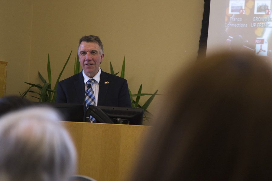 Gov. Phil Scott speaks at the French Canadian International Conference March 20 in the Livak Ballroom.  The conference focused on Vermont and Quebec relations, immigration, and trade.