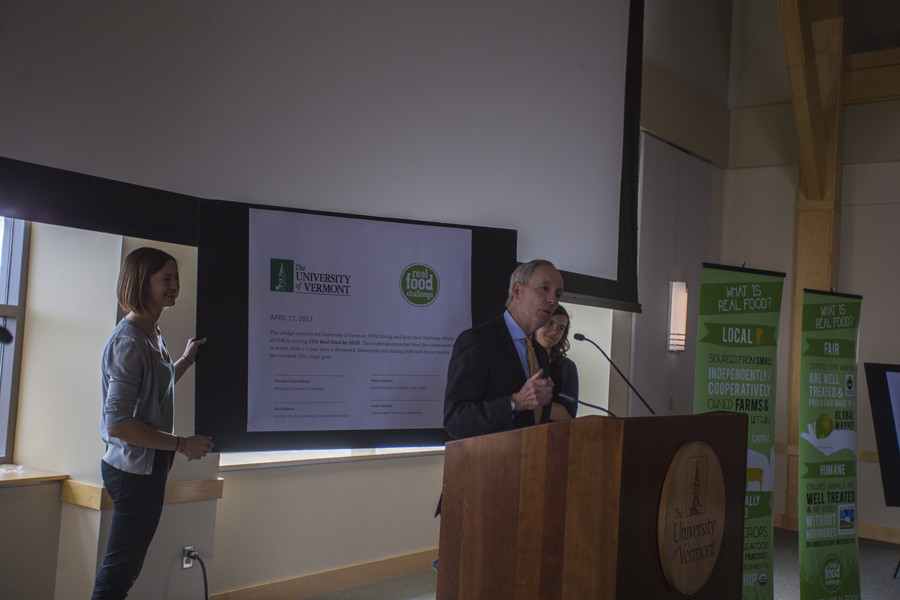 PHIL CARRUTHERS | The Vermont Cynic
President Tom Sullivan announces that UVM has surpassed the Real Food Challenge of 20 percent real on-campus food. Since exceeding the goal, UVM has now pledged to have 25 percent real food by 2020.