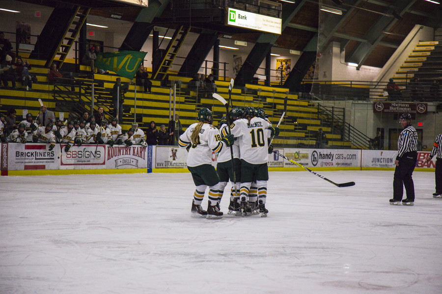 The women’s hockey team celebrates together after a goal against Boston College Jan. 20. The team’s first regular season game will be against Providence Oct. 1. 
