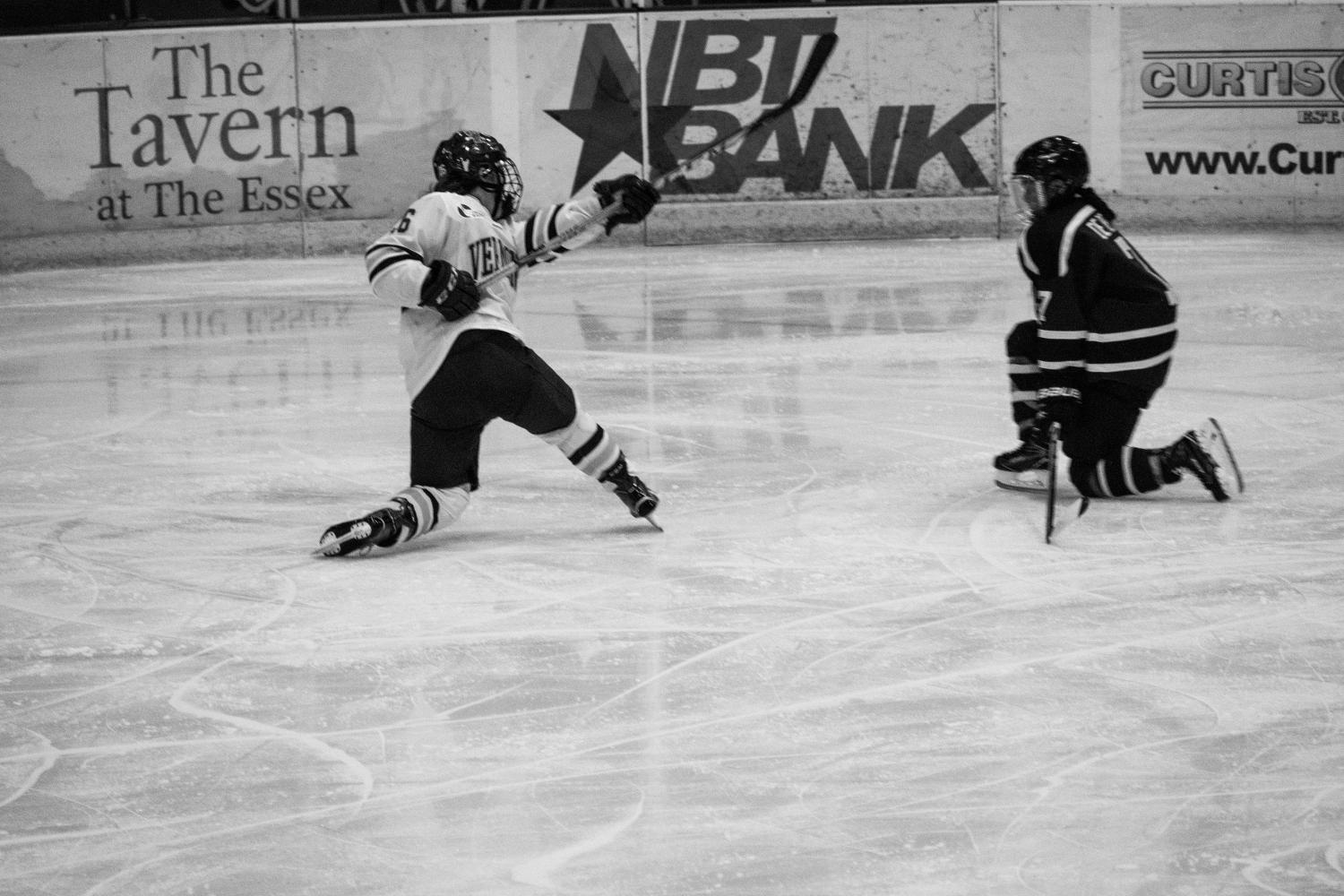 Sophomore forward Eve-Audrey Picard takes a shot on goal against Union College Oct. 10. Picard set a new varsity single-game scoring record with four goals, as the Catamounts won 7-0.