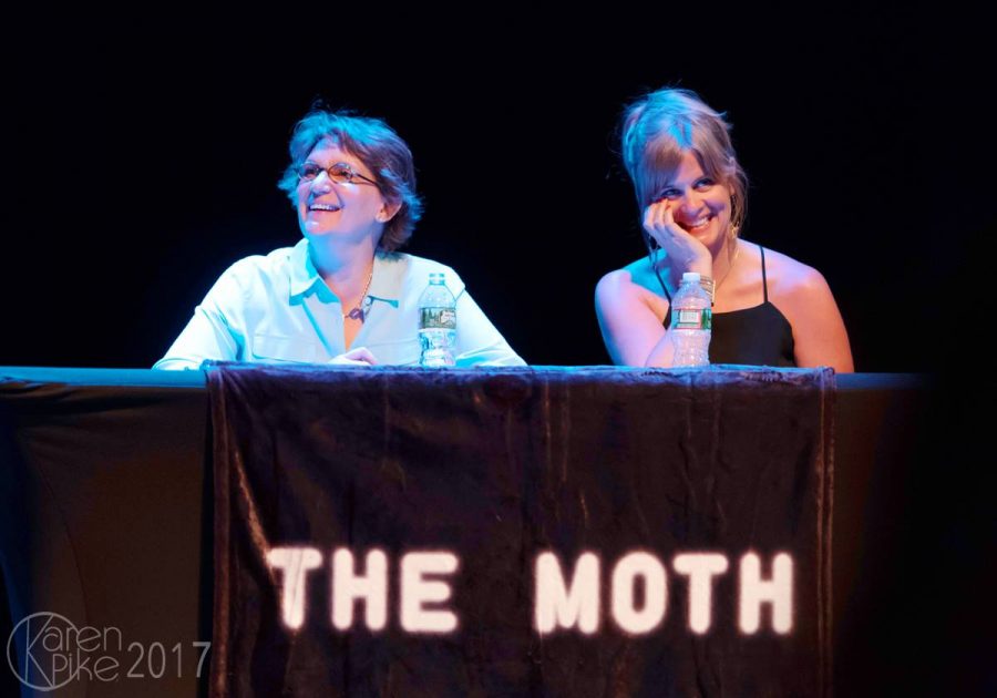 From left, producer Susanne Schmidt and host Autumn Spencer on stage at October’s Moth event. The upcoming story slam, titled “Control,” will take place Nov. 14 at ArtsRiot. 