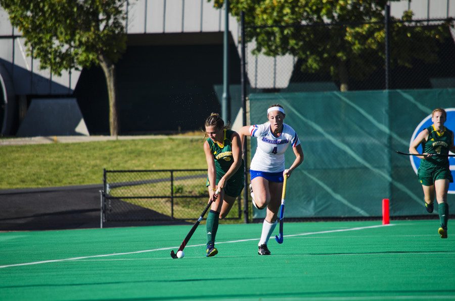 First-year midfielder Claudia Cotter runs downfield against UMass-Lowell Oct. 13. The Catamounts are 5-12 this season.