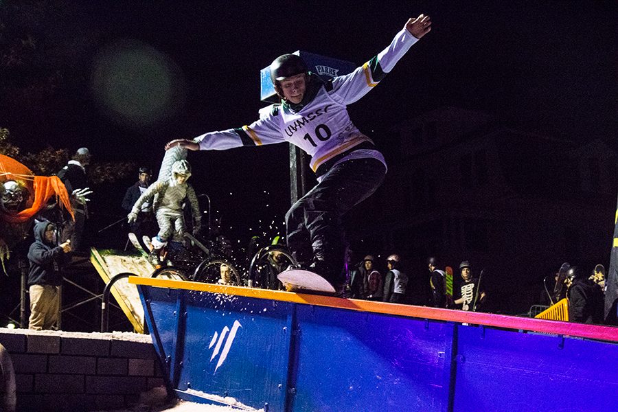 Students perform their gnarliest maneuvers at the Halloween Rail Jam. The annual event took place on the Trinity campus green Oct. 31.
