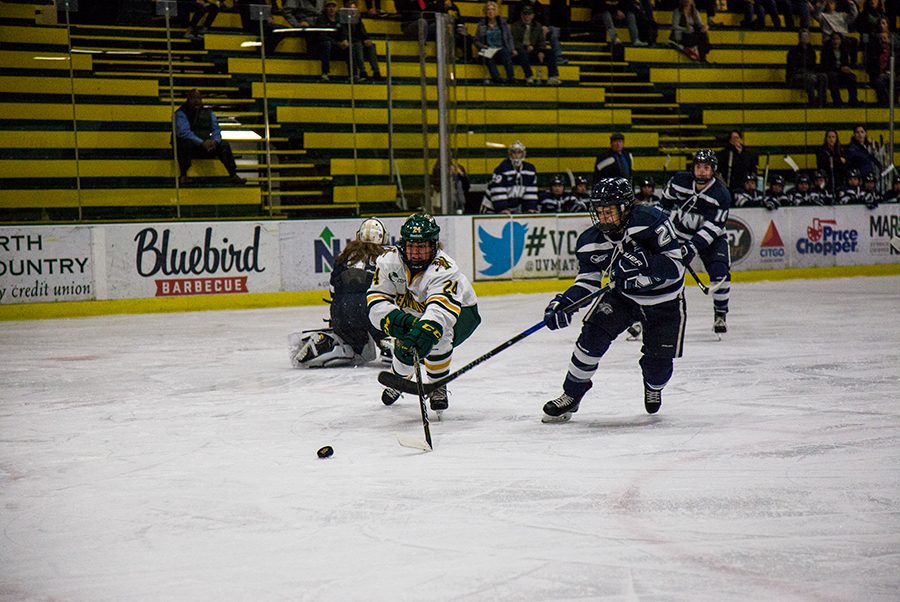 Junior forward Saana Valkama takes a shot on goal against the University of New Hampshire Oct. 20. The Catamounts are currently 5-7-1 after a win and loss to Clarkson University. 
