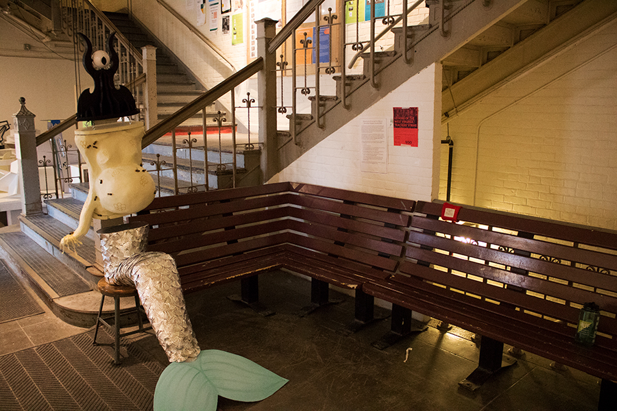 A sculpture sits atop a group of art departement lockers in the basement of Williams Hall. The building has become home to university’s art and anthropology departments. Sophomore studio art major “It’s literally a place where people come and express themselves and it’s not cut and dry like the new Discovery building, it’s not sterile. It’s history, it’s living with all of this art.”