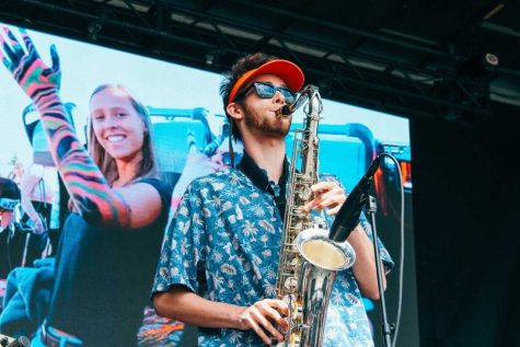 Senior Derek Dykstra, saxophonist for the band Adventure Dog, opens for rapper Playboy Carti at UVM Program Board ’s annual SpringFest April 28.