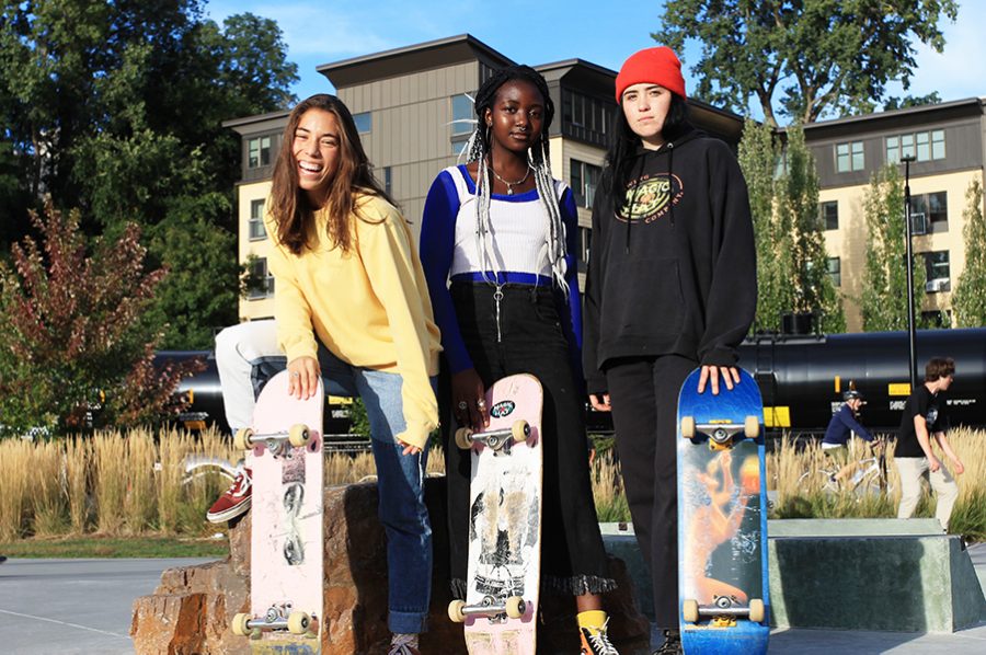 Junior+Paige+Van+Patten%2C+sophomore+Ivana+Djiya+and+junior+Abby+Trombley+pose+for+a+photo+at+the+Andy+A.+Dog+Skate+Park+on+Waterfront+North.+%E2%80%9CI%E2%80%99ve+heard+a+lot+of+girls+talk+and+say%2C+%E2%80%98I%E2%80%99m+too+scared%2C%E2%80%99+but+no+one+is+really+bothered+by+the+fact+you%E2%80%99re+learning%2C%E2%80%9D+Van+Patten+said.