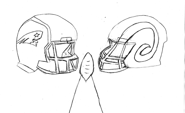 Patriots and Rams helmet super bowl matchup.