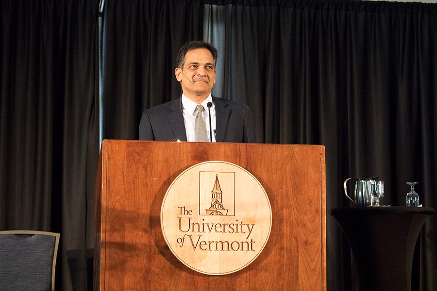 Presidential candidate finalist, Suresh Garimella, addresses the crowd in the Grand Maple Ballroom Feb. 14 during an open forum. The board of trustees is collecting feedback to inform their decisions about selecting the next University president. 