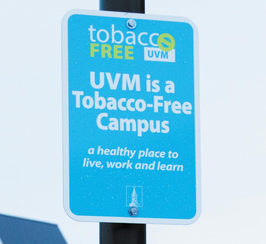 A sign indicating UVMs tobacco-free policy on campus in front of University Heights Feb. 24. The Center for Health and Wellbeing is hiring two students for paid ambassador positions to enforce the tobacco-free policy. 