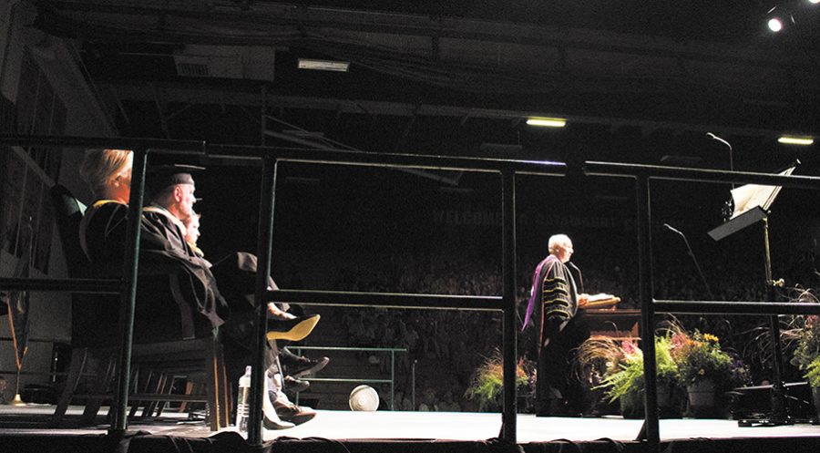 President Tom Sullivan delivers his last convocation speech at this years convocation Aug. 26 in Patrick Gym. Sullivan is stepping down as president in the summer of 2019. 