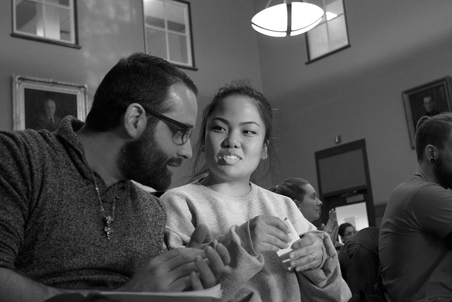 Senior Stephanie Wobby speaks with another student veteran during a Student Veterans Organization forum. The forum was held Feb. 28 after a class offered by the classics department for student Veterans was cut due to faculty decreases. 