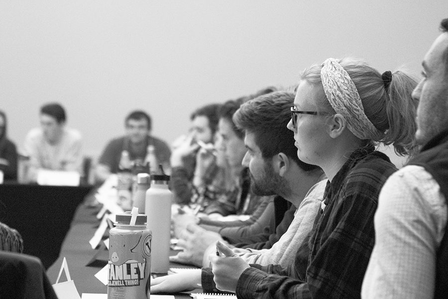 Members of the SGA senate listen intently at a Nov. 6, 2018 SGA meeting. SGA passed a resolution April 2 condemning Canary Mission, an online database of individuals and organizations that have expressed criticisms of Israel. 