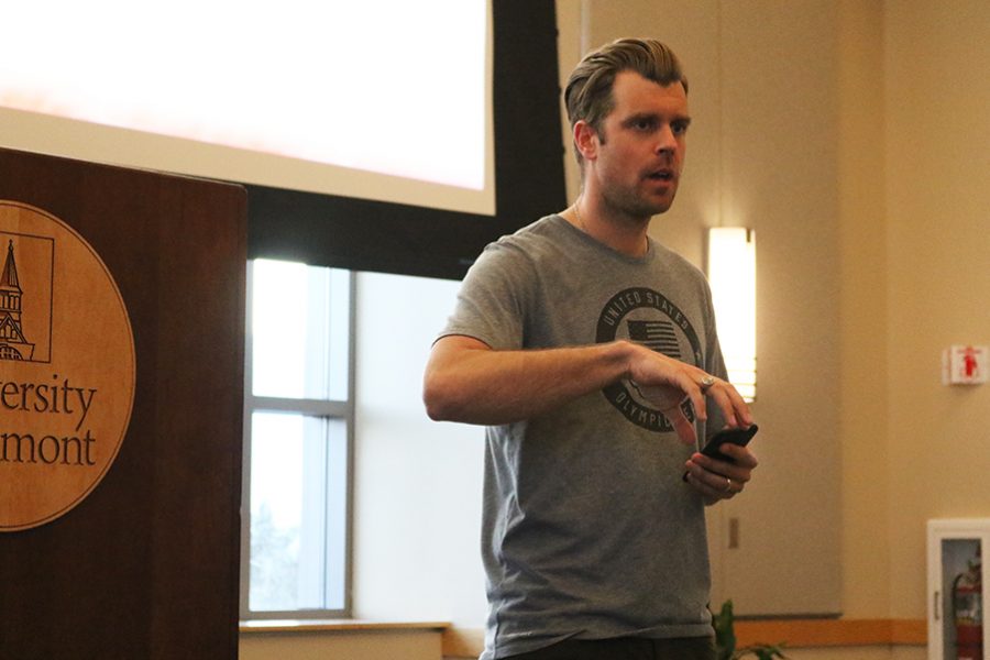 U.S. Olympian Alex Deibold gives a presentation to UVM students April 10 in the Silver Maple Ballroom. The bronze medalist visited with the non-profit Protect Our Winters which focuses on affecting systematic solutions to climate change.