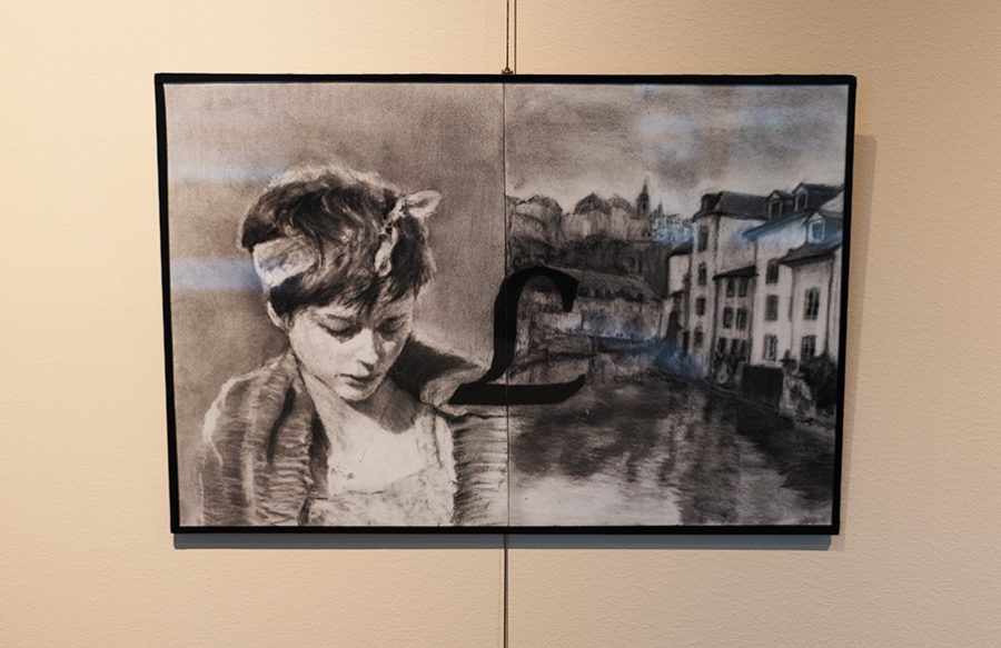 Junior Zoe Pancic’s “Healing” hangs in the Bates Family Gallery April 14. The Alumni House will be hosting the opening reception to its first student art show, “Pride of Place,” April 18 at its home on 61 Summit St.