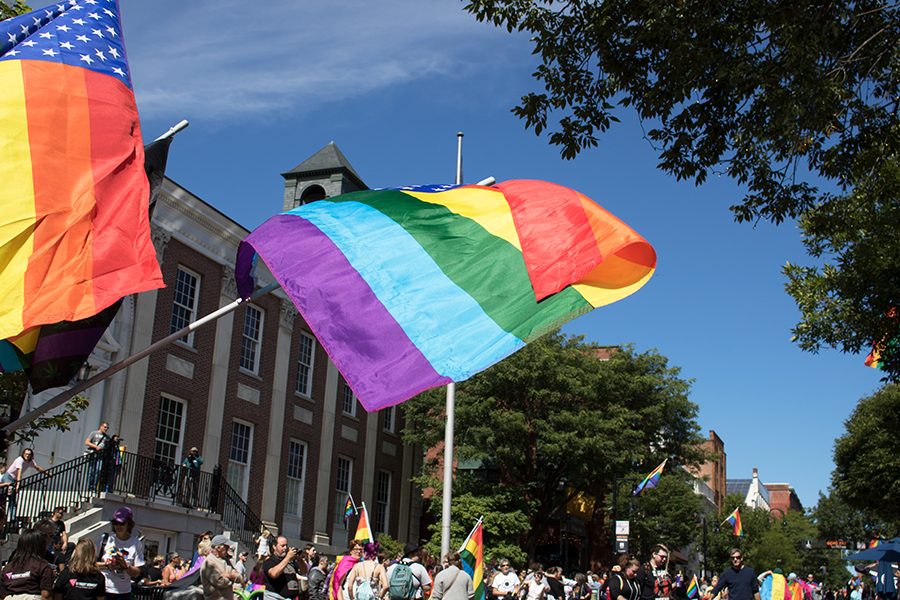  Pride flags blow in the wind on Church Street during the 2018 Pride Parade, September 2018.The Pride Vermont festival runs from Aug. 31 to Sept. 8, ending with a parade. Visit pridevt.org/parade to learn how to get involved.
