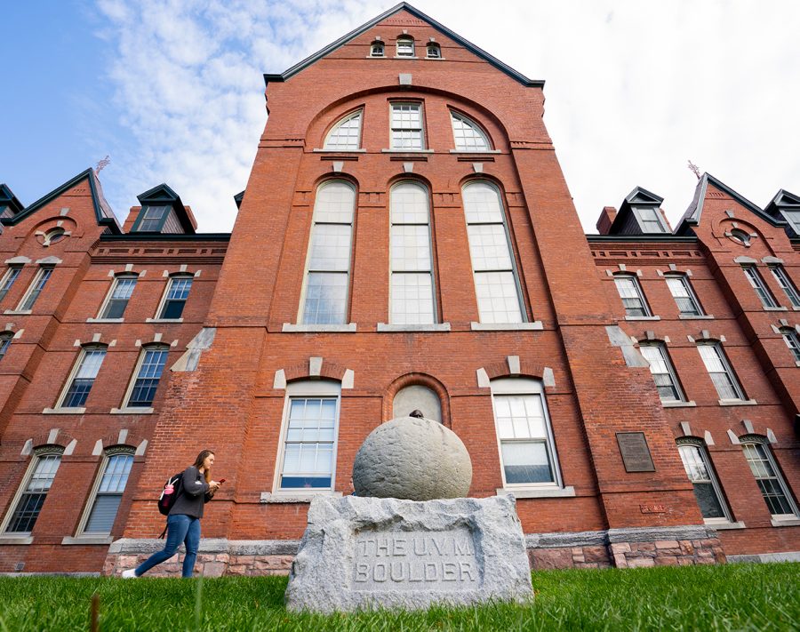 The UVM boulder sits on its base outside Old Mill, Oct. 11. The boulder, being perfectly round, symbolises well-roundedness at the University.
