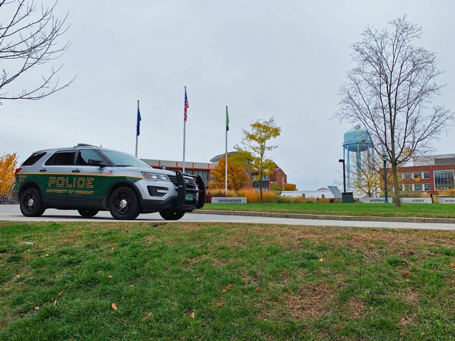 A UVM police car sits in the Davis Center circle, Oct. 25, 2019.