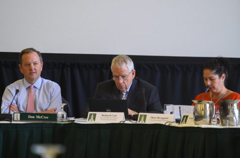 (left to right) Trustee Don McCree, VP of Finance Richard Cate and University Budget Director Shari Bergquist sit at the Oct. 26 board of trustees meeting.