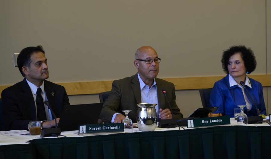 (Left to Right) President Suresh Garimella, Chair Ron Lumbra and Provost Patricia Prelock sit at a board of trustees meeting, Oct. 26. Prelock was appointed Provost this afternoon by President Garimella.
