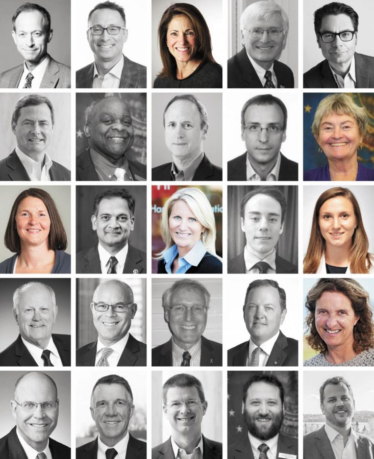 Pictured above are the 25 members of the board of trustees in alphabetical order by last name. The photos of the 19 men on the board are converted to grayscale, leaving only the six women – 24% of the board – in color. 
