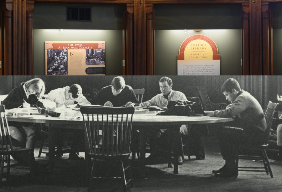 A historic black-and-white photo from UVM Special collections shows students smoking and studying in the apse in Billings Library. Today, the apse is a space dedicated to telling the history of the building.
