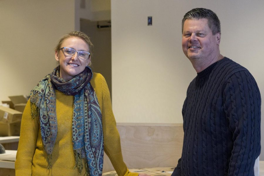 Kru Coffee manager Lisa Weber (Left) and owner Kyle Brock stand in the unfinished cafe space, Jan. 29. The building, located at 2 Church St., is Kru’s second location.
