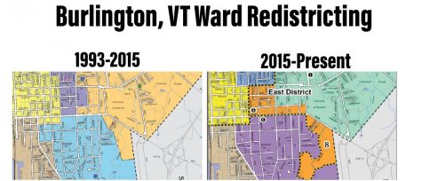 Left: a map of the wards the city of Burlington used from 1993 until 2015. 
Right: The new wards adopted by the city. 