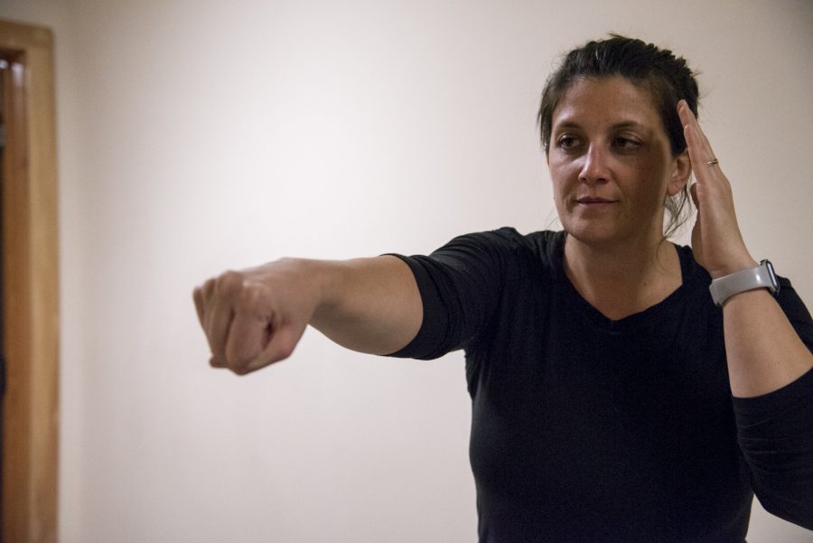 Liz Learned, an investigator for Chittenden Unit for Special Investigations, demonstrates self-defense techniques, Feb. 25. Learned has been teaching R.A.D. since 2016.