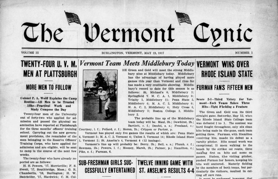 Top fold of the front page of the Vermont Cynic from May 19, 1917. The Cynic reported that the first ever orientation-like event for Vermont high school women had been held at UVM.