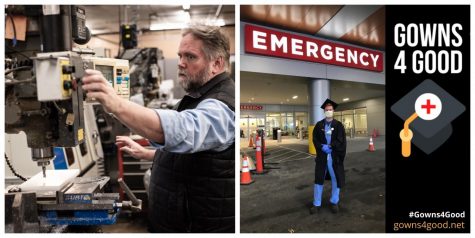 From emergency ventilators to personal protective equipment, members of the UVM community have stepped up to aid in the fight against COVID-19. Left, a portion of an emergency ventilator is made (Photo by Ian Thomas Jansen-Lonnquist). Right, Than Moore stand in front of the UVMMC Emergency Room (Photo by Taran Catania SI-MBA'20).