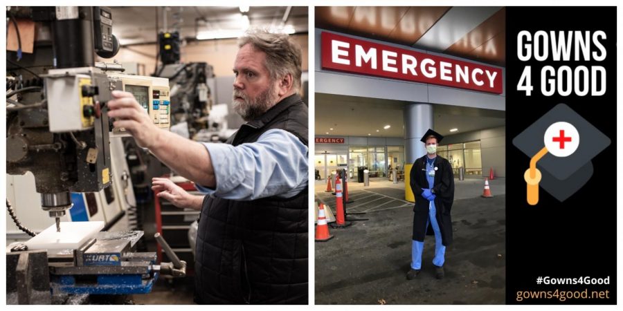 From emergency ventilators to personal protective equipment, members of the UVM community have stepped up to aid in the fight against COVID-19. Left, a portion of an emergency ventilator is made (Photo by Ian Thomas Jansen-Lonnquist). Right, Than Moore stand in front of the UVMMC Emergency Room (Photo by Taran Catania SI-MBA20). 