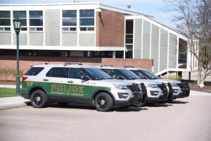 UVM Police cars sit outside the departments headquarters May 2, 2020. 
