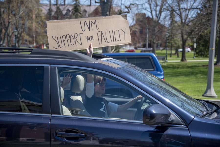 Protestors took to their cars to drive in a loop around UVMs campus May 14, 2020. Protestors came together to show solidarity against budget cuts to academic departments due to COIVD-19 related expenses for the University. 