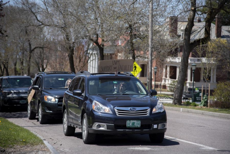 Protestors took to their cars to drive in a loop around UVMs campus May 14, 2020. 