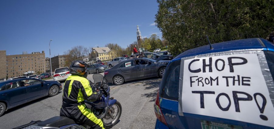 Protestors gather in the Waterman Parking lot May 14. Waterman is home to the offices of UVM executives including President Suresh Garimella. 