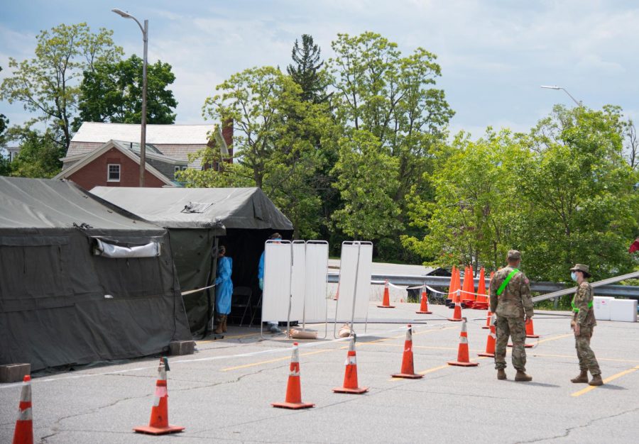 COVID-19 testing site set up by the national guard to the right of the Waterman building June 4.