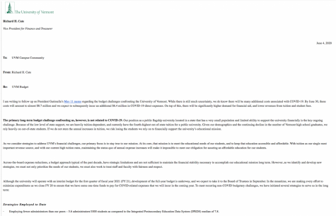 Richard Cate introduces the new budget cuts in an email sent to UVM faculty and staff.