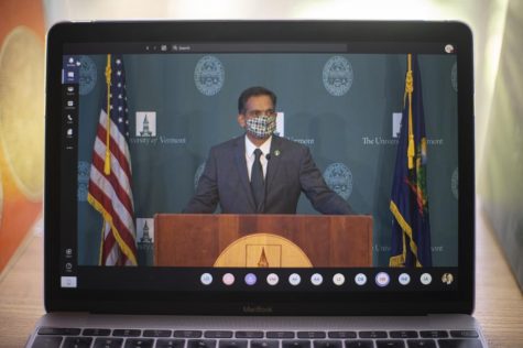 UVM's President Suresh Garimella wears his mask while he waits for the press conference to begin, Aug. 18.