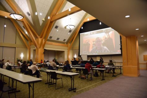SGA council members meet in the Davis center’s Grand Maple Ballroom while Gail Shampnois, the director of the Office of Student & Community Relations speaks via Microsoft Teams, Sept. 15.