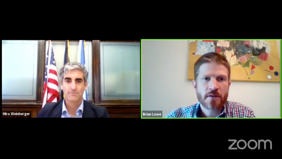 Mayor Miro Weinberger (left) and Brian Lowe, Burlington’s Chief Innovation Officer (right), discuss UVMs disciplinary policies for breaking COVID-19 rules during a Sept. 2 press briefing over Zoom. 