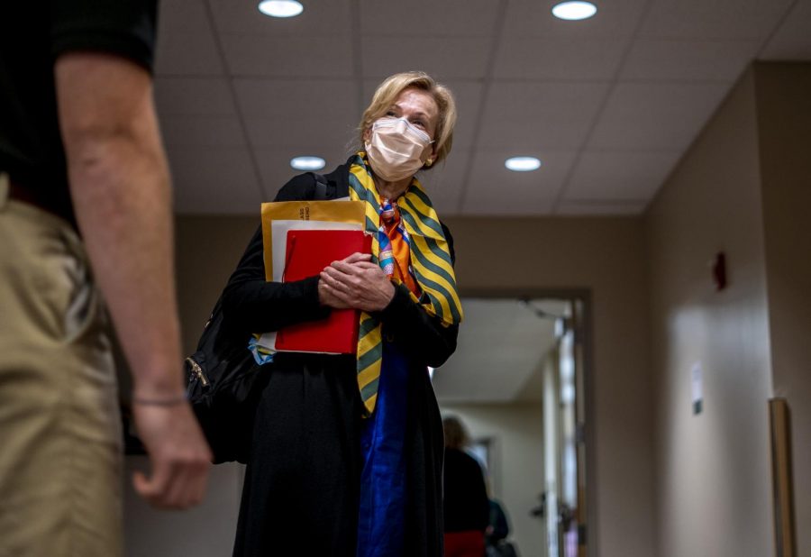 Dr. Deborah Birx speaks with a student before exiting the Grand Maple Ballroom Oct. 10. 