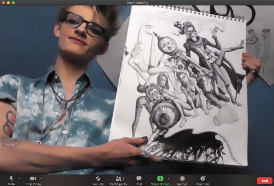 Senior Cole Thorton shows one of his drawings via Zoom call, Oct. 9. Thorton is enrolled in a fully online advanced drawing course along with a hand building hybrid course.