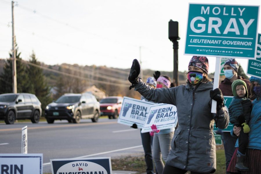 Candidate for Lieutenant Governor of Vermont, Molly Gray, stands with a group of supporters on the corner of Marshall Ave. and St. George Rd. in Williston, VT, Oct. 30. 
