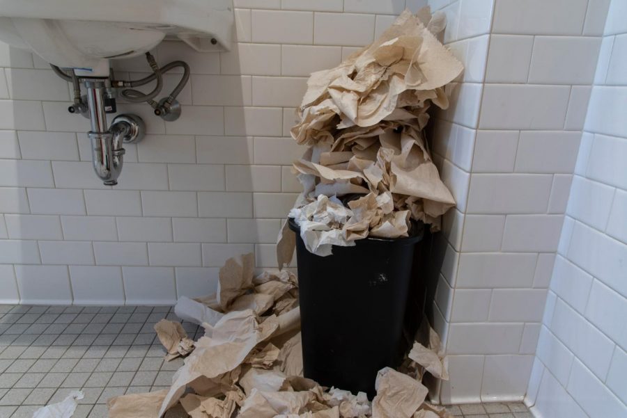 Paper Towels overflow in the women’s bathroom Feb. 11.