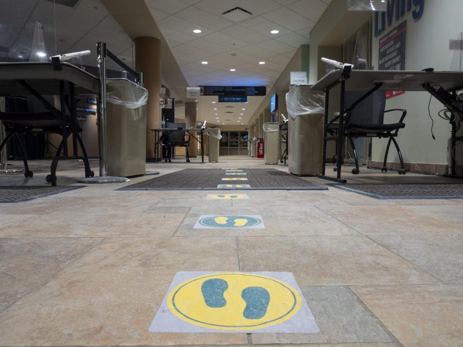 Colorful decals lead students through the check-in line and to the testing area Feb. 15.