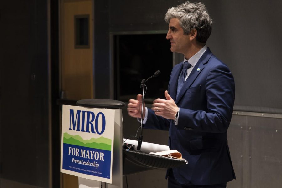 Mayor Miro Weinberger delivers his victory speech inside the Echo Leahy Center for Lake Champlain March 3. 