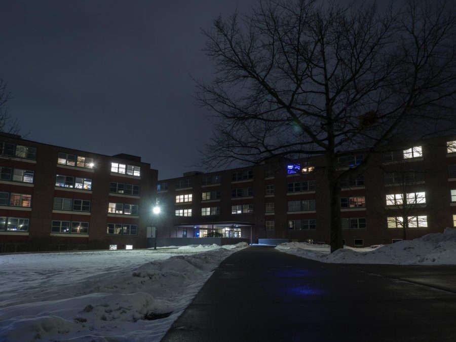 Marsh Austin Tupper complex lit up by UVM students dorm room lights at night March 3.