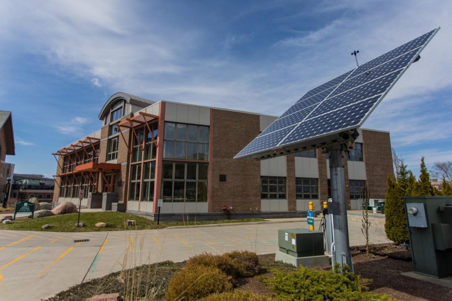 A solar panel stands in front of the George D. Aiken Center April 6. The Aiken Center is certified Platinum in Leadership in Energy and Environmental Design (LEED) granted by the U.S. Green Building Council.